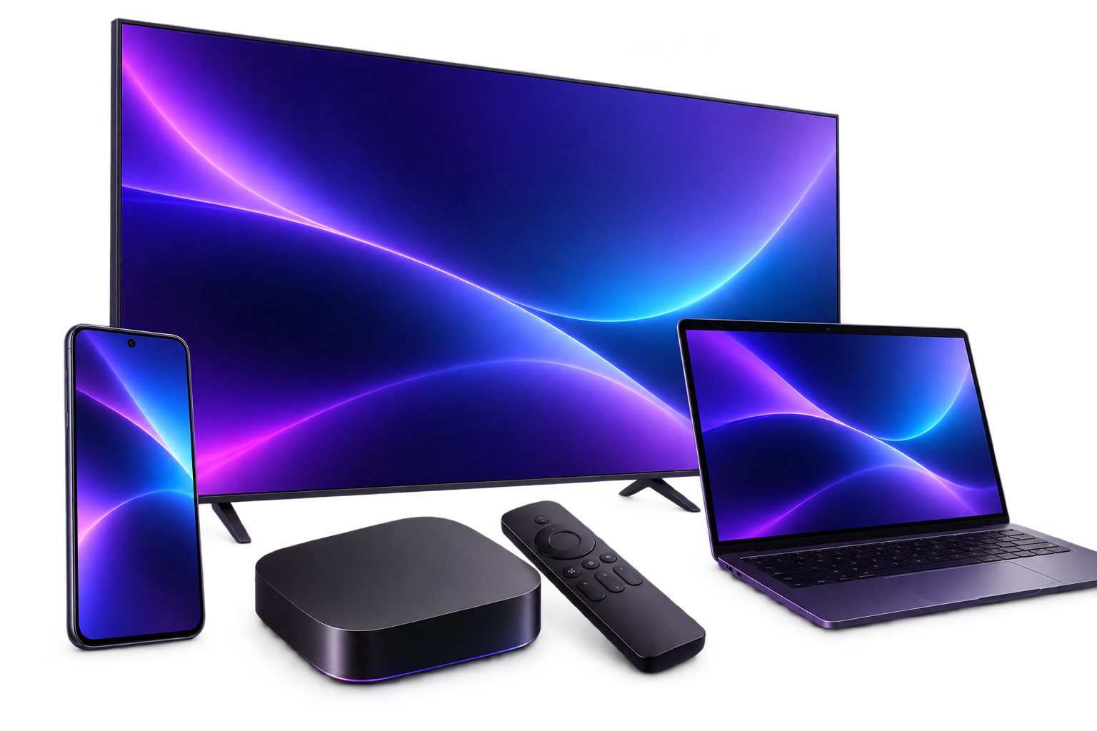 Smart TV, TV box, smartphone and laptop
